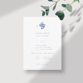 Cartão De Informações RSVP de Casamento de Monograma Floral Azul e Branc