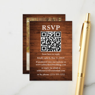 Cartão De Informações RSVP de Casamento de QR da Foto da Madeira Rústica