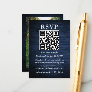 Cartão De Informações RSVP de Casamento de QR de Foto de Madeira Azul Rú