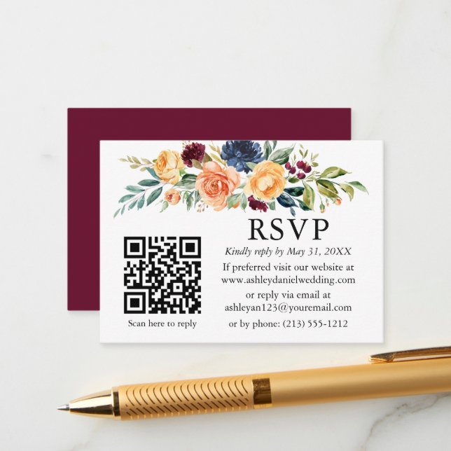 Cartão De Informações RSVP de Casamento de QR Floral Mistura de Água (Frente/Verso In Situ)
