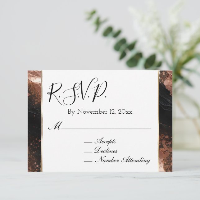 Cartão De Informações RSVP de Casamento Negro Dourado de Glam Rosa (Em pé/Frente)
