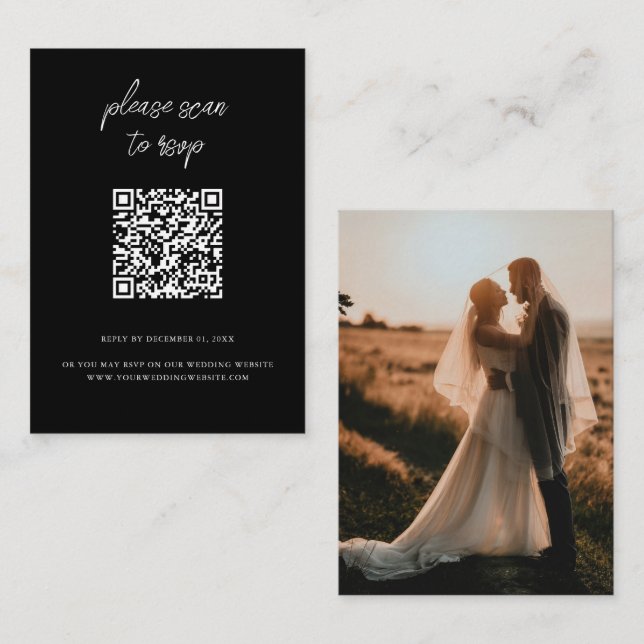 Cartão De Informações RSVP de Casamento Preto do Código QR Elegante (Frente/Verso)