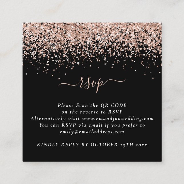 Cartão De Informações RSVP de Casamento Preto do Código QR Glitter Doura (Frente)
