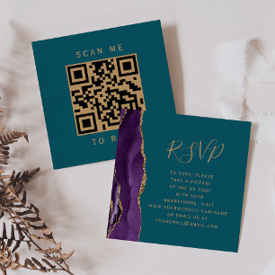 Cartão De Informações RSVP de Código QR de Casamento Azul-Teal Dourado R