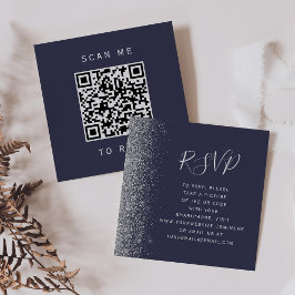 Cartão De Informações RSVP de Código QR de Casamento de Prata Azul Escur