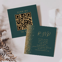 Cartão De Informações RSVP de Código QR de Casamento Dourado Verde Escur
