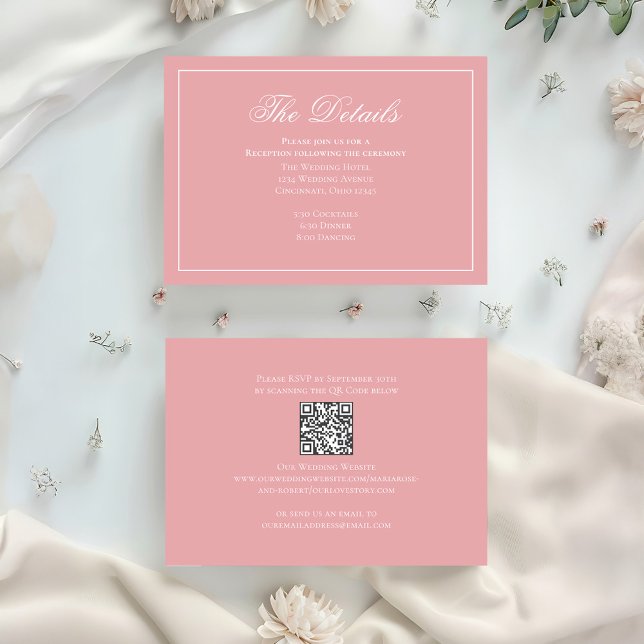 Cartão De Informações RSVP de Detalhes do Elegante de Caligrafia Rosa Es (Blush pink wedding details card with qr code. )