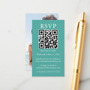 Cartão De Informações RSVP de Teal de Foto QR de Casamento Simples Minim