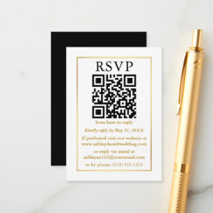 Cartão De Informações RSVP Dourado de QR Preto Minimalista de Casamento