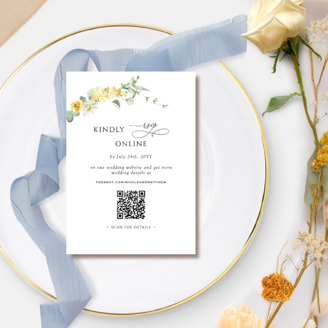 Cartão De Informações RSVP Floral Amarelo Elegante Online, Código QR (Criador carregado)