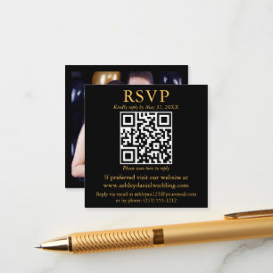 Cartão De Informações RSVP Moderno Quadrado Preto e Dourado de Foto para