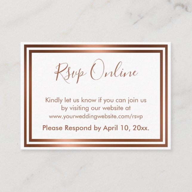 Cartão De Informações RSVP Online Simples Cobre Elegante em Branco (Frente)