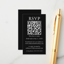 Cartão De Informações RSVP Preto de QR Simples e Minimalista de Casament