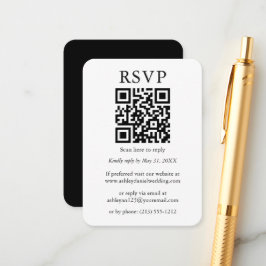 Cartão De Informações RSVP Preto Simples e Minimalista de QR de Casament