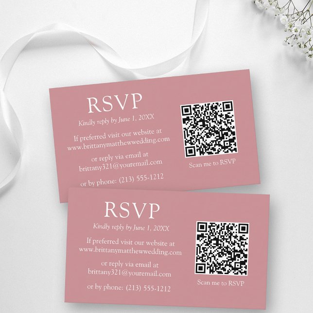 Cartão De Informações RSVP Rosa de Casamento Dusty Simples de Código QR  (Customize to change text size, color, style or to change background color of front and back of card.)