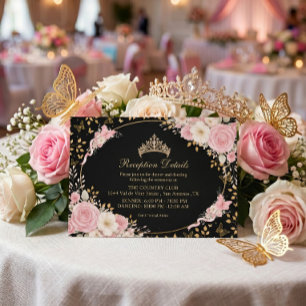 Cartão De Informações Rubor Rosa Preto e Dourado Borboleta Quinceañera