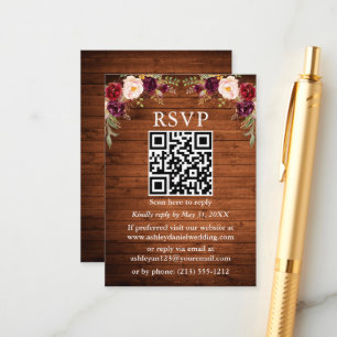Cartão De Informações Russo Wood Watercolor Burgundy Floral QR RSVP