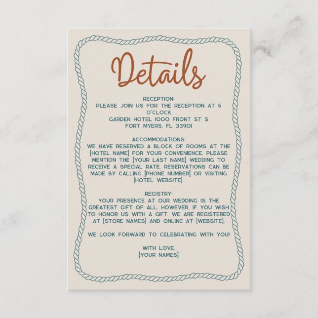 Cartão De Informações Rust Teal Western Rustic Barn Wedding Details (Frente)