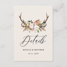 Cartão De Informações Rustic Antler Floral Wedding woodland Boho Details