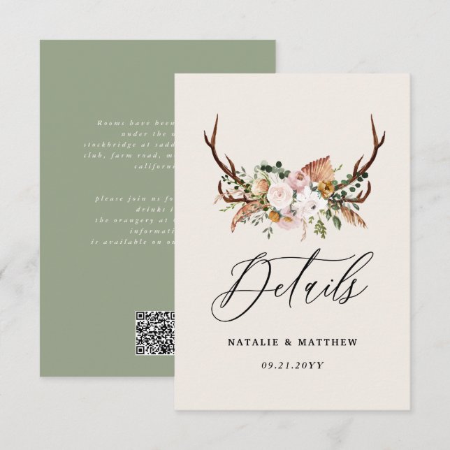Cartão De Informações Rustic Antler Floral Wedding woodland Boho Details (Frente/Verso)