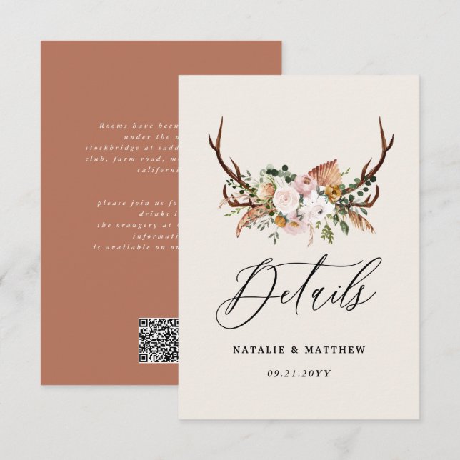 Cartão De Informações Rustic Antler Floral Wedding woodland Boho Details (Frente/Verso)