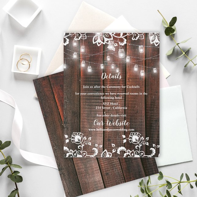 Cartão De Informações Rustic Barn Wood Lace String Lights Wedding Detail (Rustic Wood String Lights Wedding Details Card | Barn Lace Wood Information Enclosure)