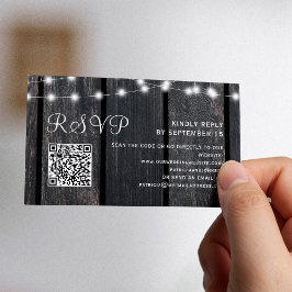 Cartão De Informações Rustic barn wood string lights wedding QR RSVP