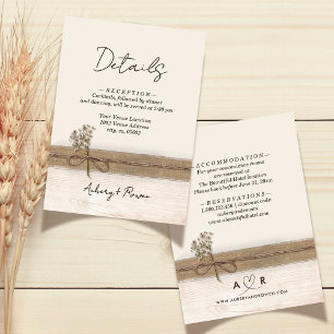 Cartão De Informações Rustic Boho Burlap Wood Wildflower Detalhes do Cas
