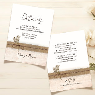 Cartão De Informações Rustic Boho Burlap Wood Wildflower Detalhes do Cas