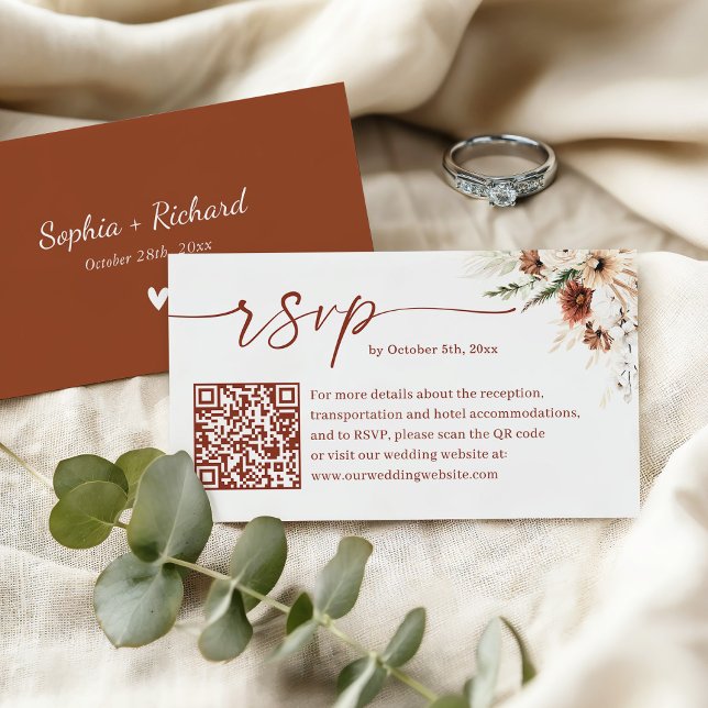 Cartão De Informações Rustic Boho Terracotta Weding Código QR RSVP (Criador carregado)