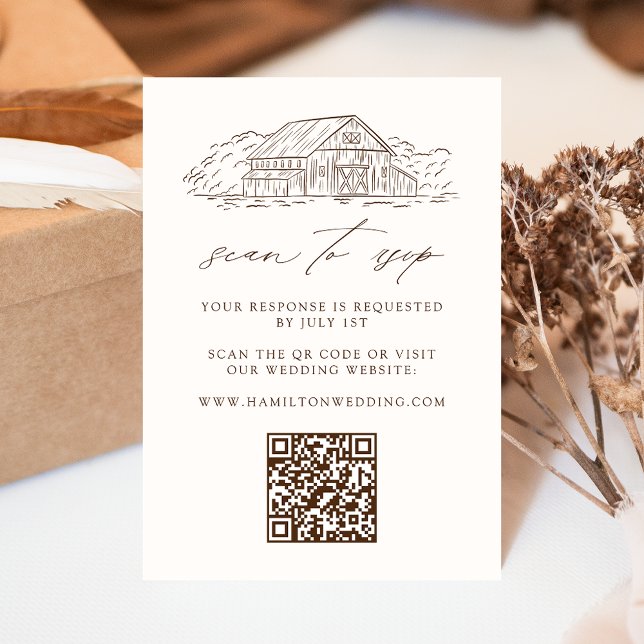 Cartão De Informações Rustic Brown Barn Casamento QR Code Website RSVP (Criador carregado)
