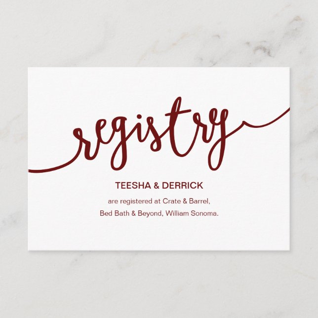 Cartão De Informações Rustic Burgundy Script, Registro de Casamento (Frente)