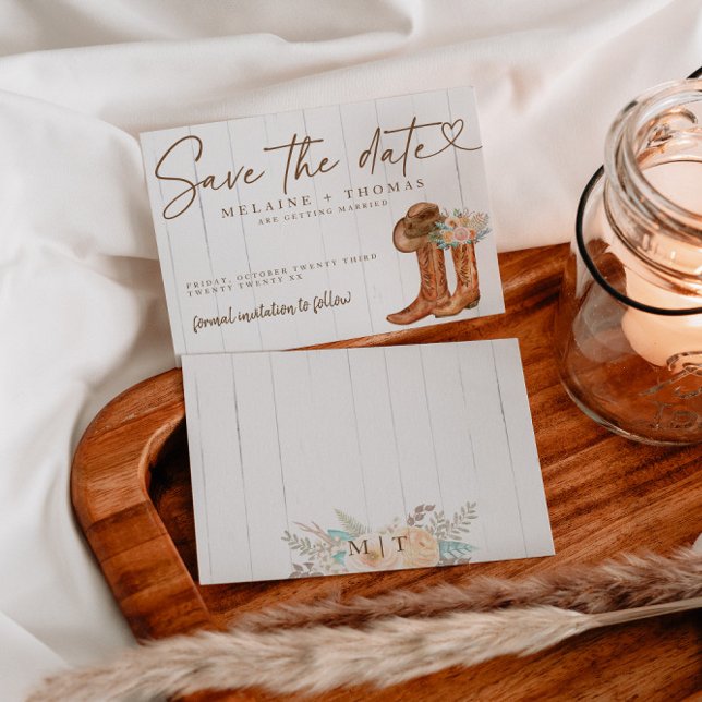 Cartão De Informações Rustic Country Boots and Hat Floral Save Date (Criador carregado)