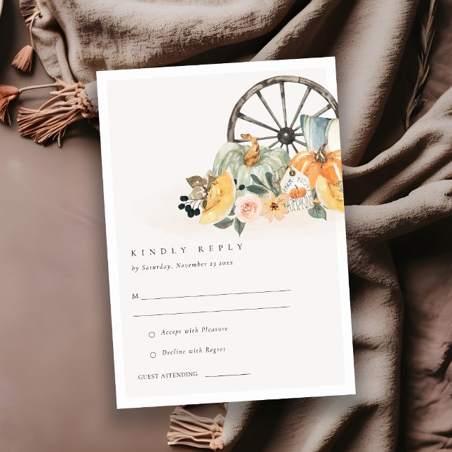 Cartão De Informações Rustic Fall Pumpkin Leafy Floral Wedding RSVP (Criador carregado)