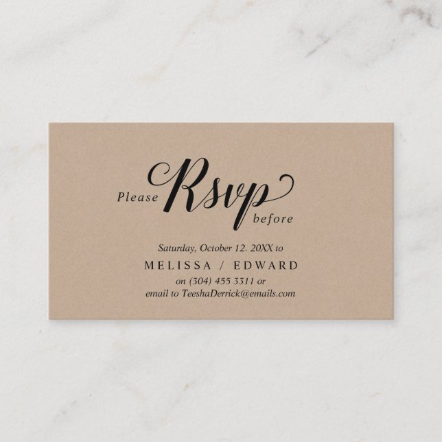 Cartão De Informações Rustic Kraft, Black Script, RSVP respondem (Frente)