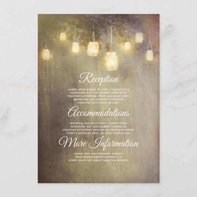 Cartão De Informações Rustic Mason Jar Lights Informações de Casamento C (Frente)