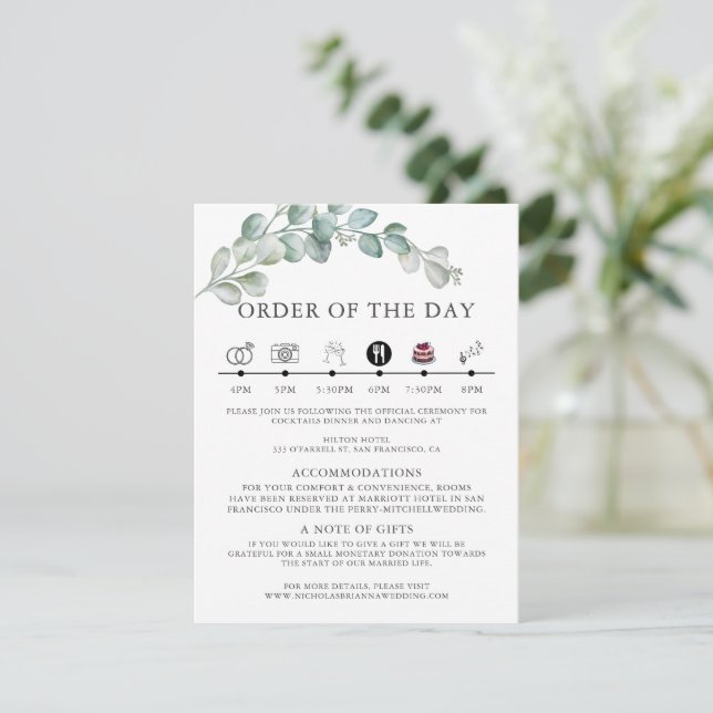 Cartão De Informações Rustic Watercolor Eucalyptus Greenery Wedding (Em pé/Frente)