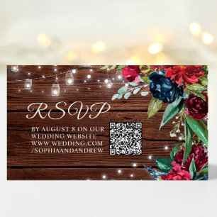 Cartão De Informações Rustic Wood Burgundy Floral Lights Casamento Códig