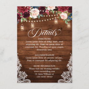 Cartão De Informações Rustic Wood Burgundy Floral Mason Jar Wedding