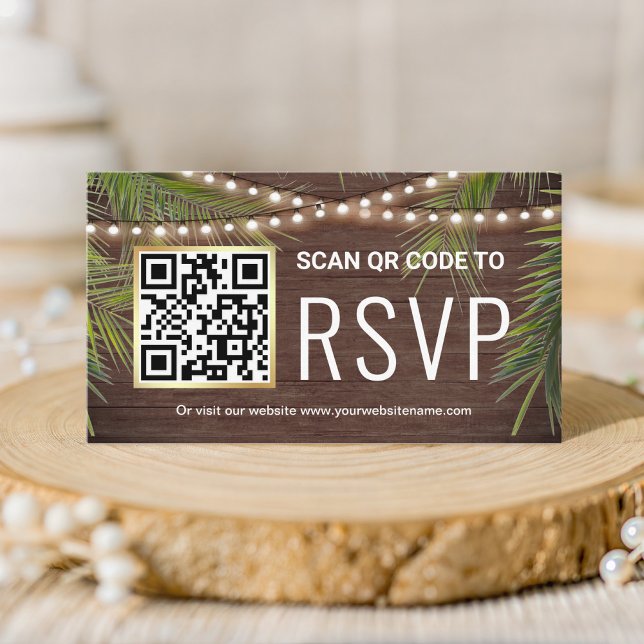 Cartão De Informações Rustic Wood Tropical Palm QR Code RSVP Casamento (Criador carregado)