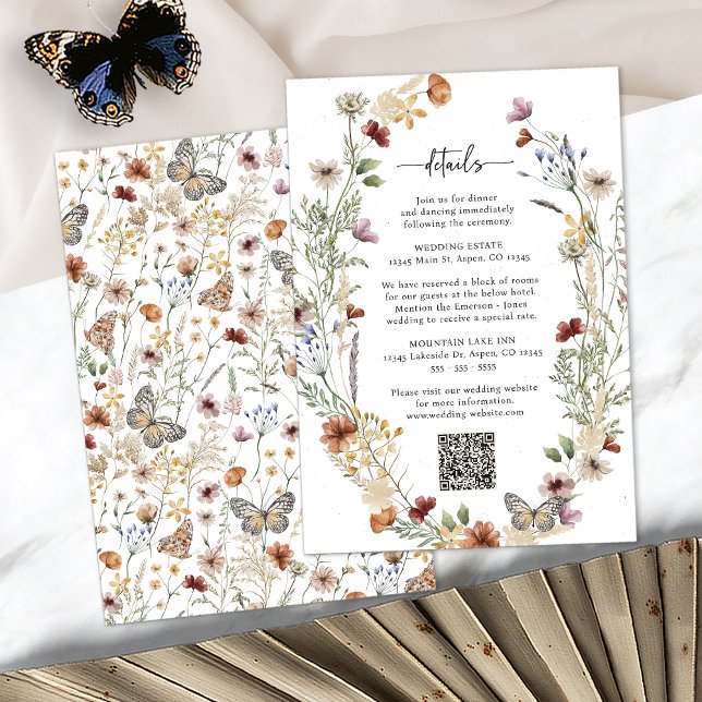Cartão De Informações Rústico Boho Detalhes de Flores Silvestres (Rustic Boho Wildflower Details Enclosure Card with QR Code by Painted Paperie
)