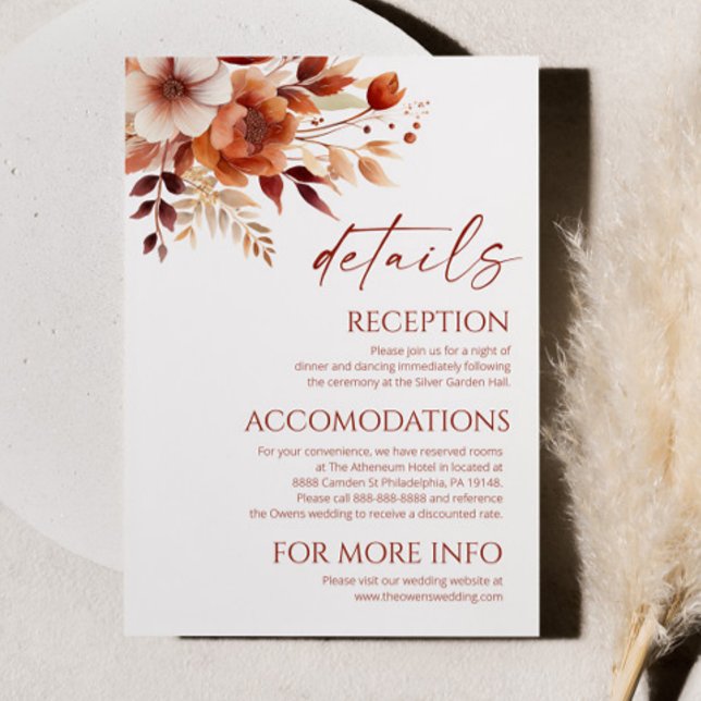 Cartão De Informações Rusty Burgundy Brown Floral Flower Detalhes do Cas (Criador carregado)