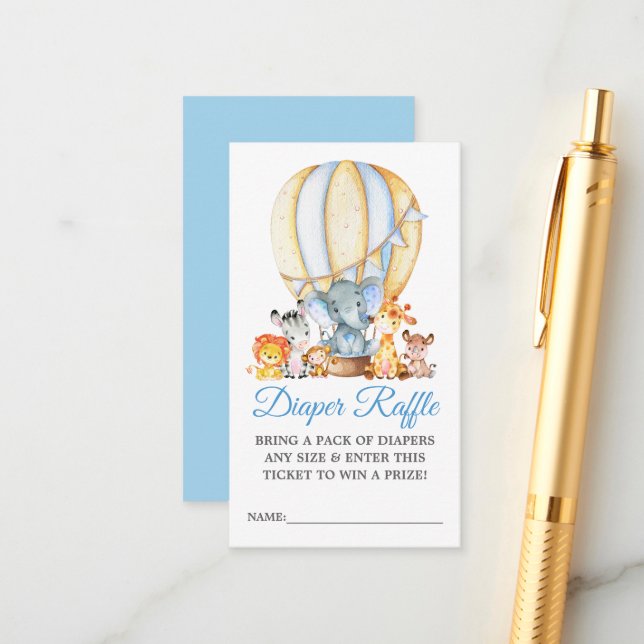 Cartão De Informações Safari Animais Azul Balão Fralda Chá Raffle (Frente/Verso In Situ)