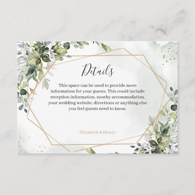 Cartão De Informações Sage gold eucalyptus geometric wedding detail card (Frente)