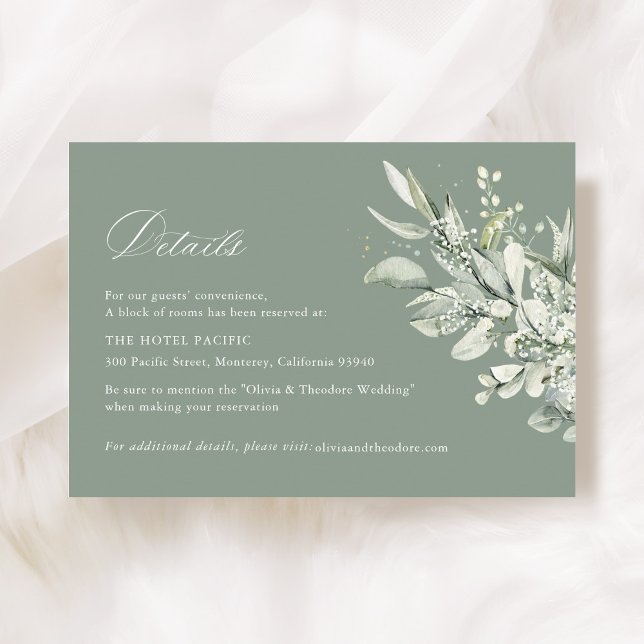 Cartão De Informações Sage Green Botanical Wedding Accommodation (Sage green botanical wedding accommodation card, watercolor greenery, modern classic suite flat lay)