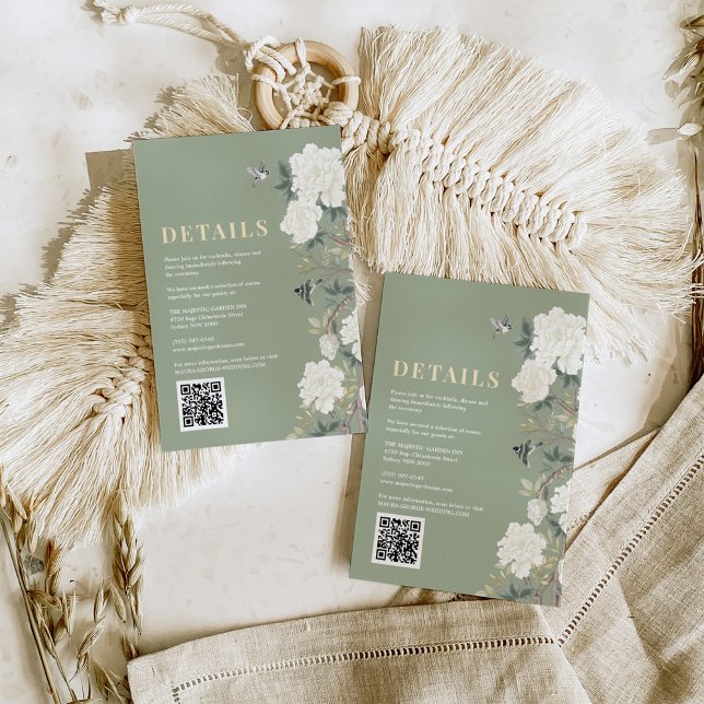 Cartão De Informações Sage Green Chinoiserie Flowers Detalhes do Casamen (Criador carregado)