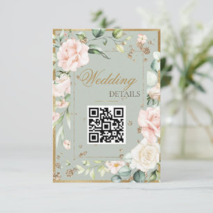 Cartão De Informações Sage Green Dourado Watercolor Código QR Casamento
