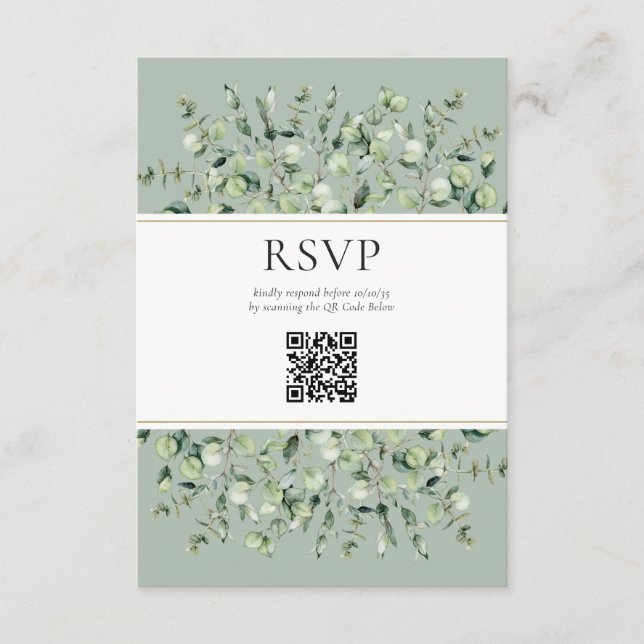 Cartão De Informações Sage Green Eucalyptus QR Code Wedding RSVP  (Frente)