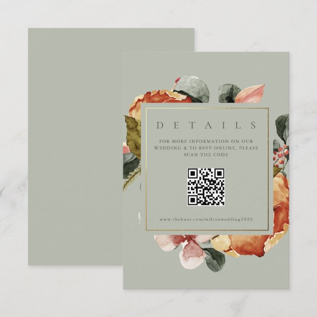 Cartão De Informações Sage Green Floral Garden QR Wedding Website (Frente/Verso)