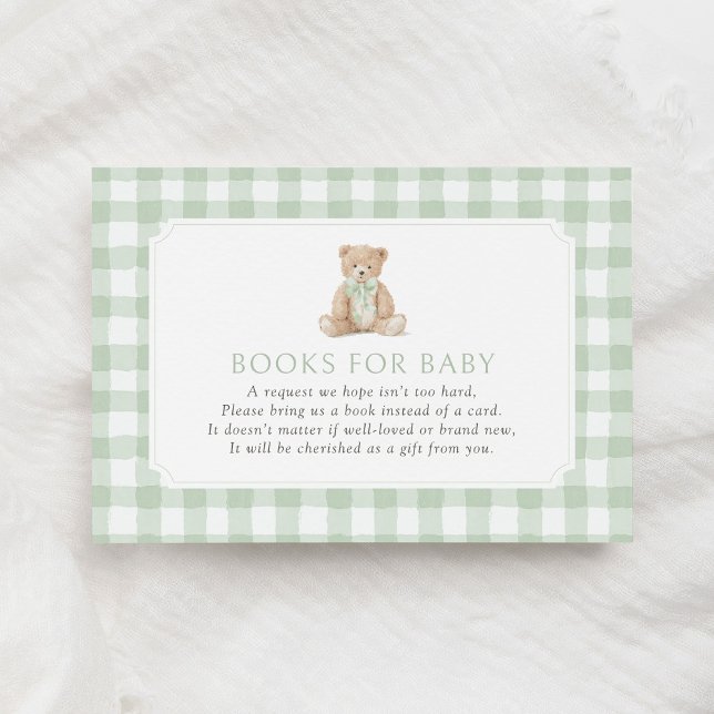 Cartão De Informações Sage Green Gingham Teddy Bear Books for Baby (Criador carregado)